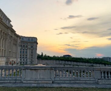 Sunset over the Palace of the Parliament in Bucharest