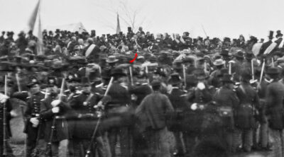 Photo from the Gettysburg Address. The arrow points to Lincoln.